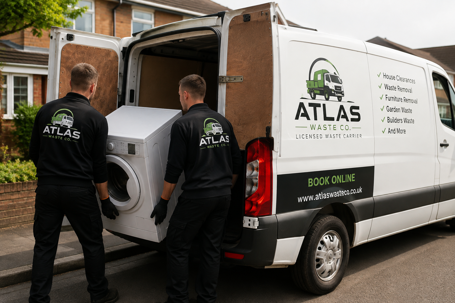 Atlas Waste Co. team loading a washing machine into a branded licensed waste carrier van outside a house