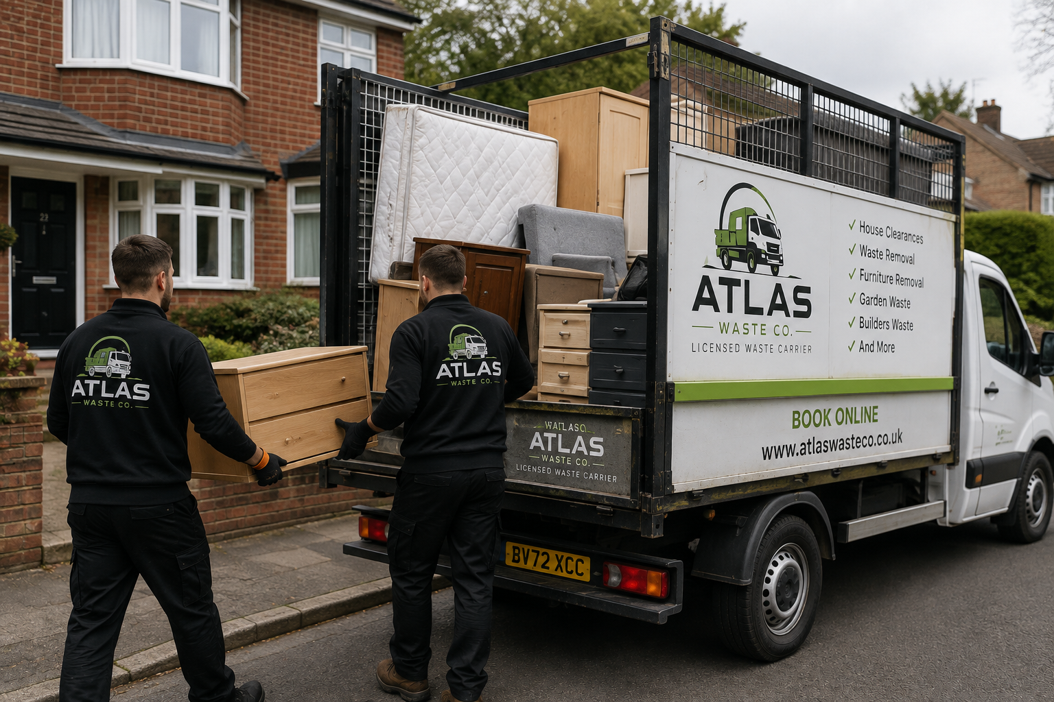 Atlas Waste Co. team loading furniture into a branded caged tipper van outside a house